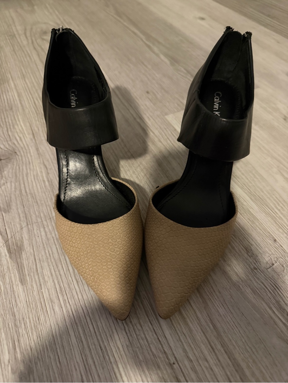 Calvin Klein Two-Tone Pointed Pumps in Tan and Black